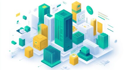 Obraz premium A vibrant cityscape illustration featuring various geometric buildings in shades of green and yellow, symbolizing urban development and modern architecture.