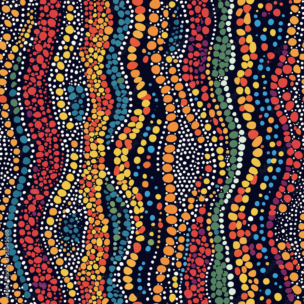 Poster a vibrant abstract pattern featuring colorful dots and wavy lines against a dark background, creatin