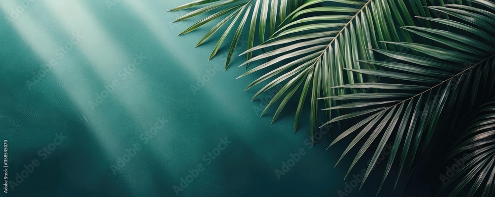 Aufkleber palm leaves abstract background concept. lush green palm leaves illuminated by soft sunlight, creati