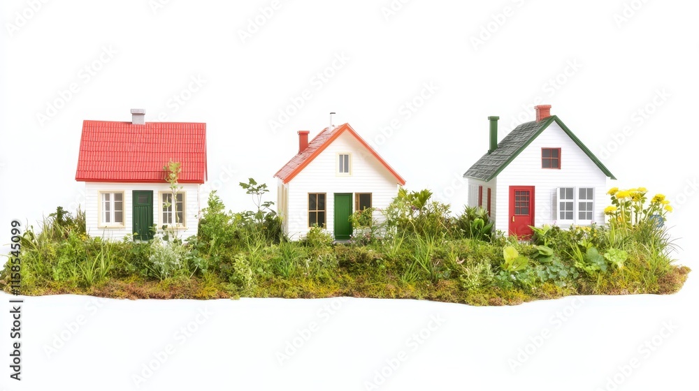 Poster miniature houses surrounded by lush greenery, featuring distinct styles and colors, creating a charm