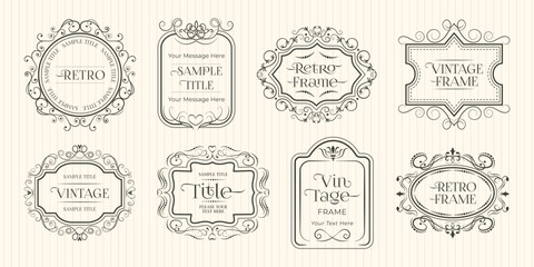 A collection of vector retro-inspired, ornate vintage frames in black on a cream background. Ideal for invitations, logos, packaging, and branding designs. Classic style, timeless appeal.