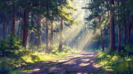 Obraz premium The pine forest road was illuminated by bright rays of sunlight. Morning sun beams in a gorgeous landscape. 