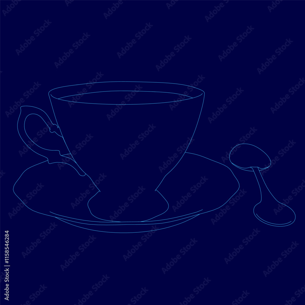 Poster cup and spoon are shown on a blue background. the cup is empty and the spoon is placed on the side o