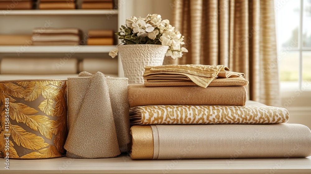 Poster a neatly arranged display of various textured fabrics in warm tones, complemented by a decorative fl