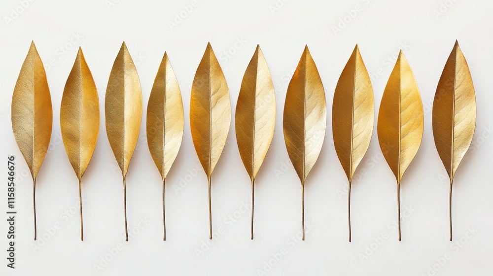 Poster a row of elegant, golden leaves arranged in an alternating pattern, showcasing their unique shapes a