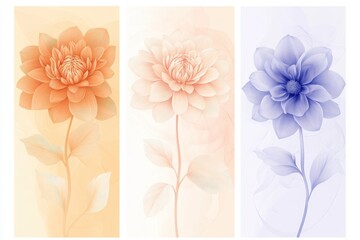 A harmonious set of three vertical posters featuring smoky line art flowers--chrysanthemum, dahlia, and bluebell--with gentle gradient pastel hues. 