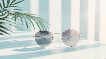 Sunglasses resting on table with tropical palm leaf in background
