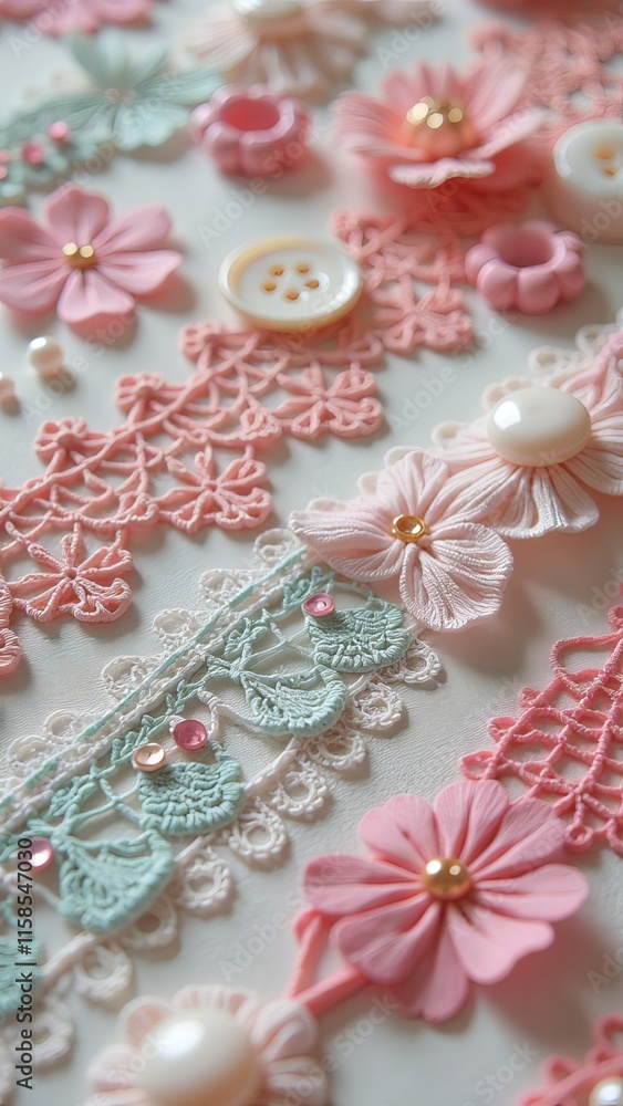 Poster a close up of buttons and lace with a pink background