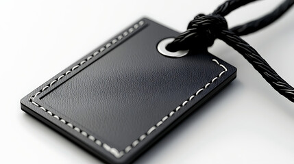 A black tag with a white label is tied to a black cord. generated using AI