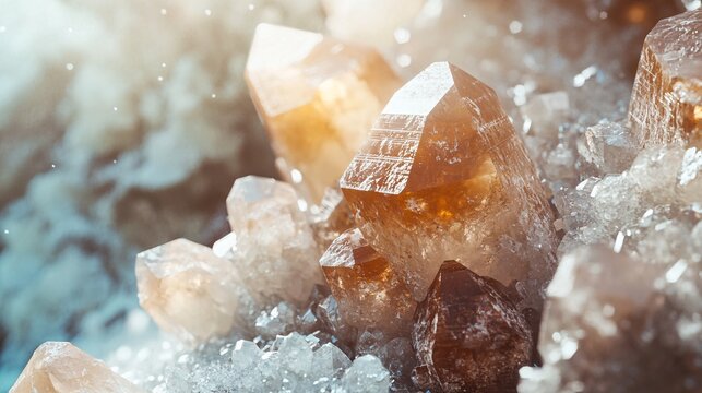 Smoky quartz crystals growing from white matrix in sunlight