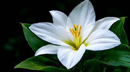 A stunning white lily blooms against a dark background, showcasing its elegant petals and vibrant yellow stamen.