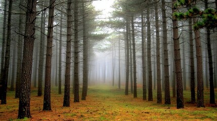 Obraz premium Misty pine forest path.