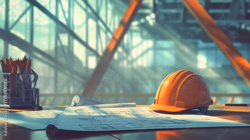 Poster a well-lit workspace showcases detailed blueprints spread across a wooden table, accompanied by a sa