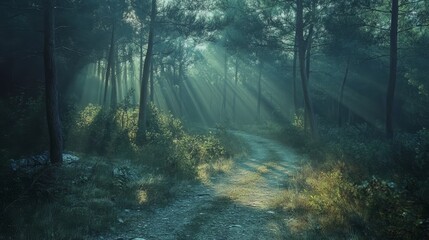 Obraz premium The pine forest road was illuminated by bright rays of sunlight. Morning sun beams in a gorgeous landscape. 