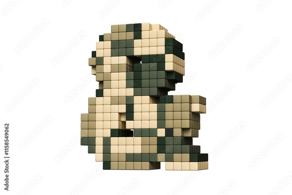 Poster pixel art style ampersand sign in green and brown army style colors stylized like in 8-bit games. hi