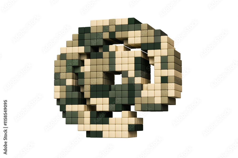 Poster pixel art stylized at sign in green and brown army style as in 8-bit games. high definition 3d rende