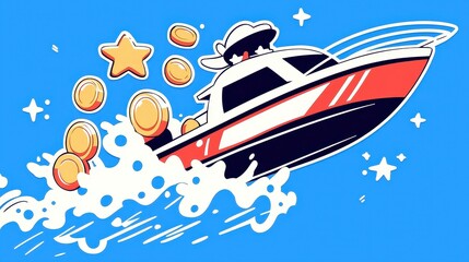 Fast Boat Coins Stars Success Winning Wealth Luxury Fun Game Prize Reward Achievement Bonus Victory