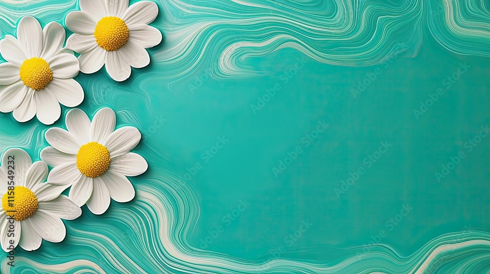 Poster daisy floral abstract background idea. beautiful daisies on a vibrant turquoise background with flow