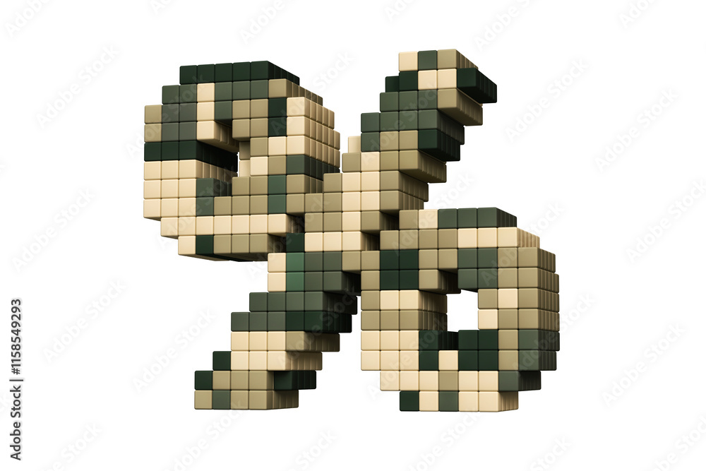 Poster green and brown army style pixel art percentage sign. high definition 3d rendering 8-bit concept fon