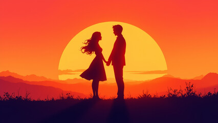 Illustration of a couple silhouette at sunset, symbolizing love and romance.