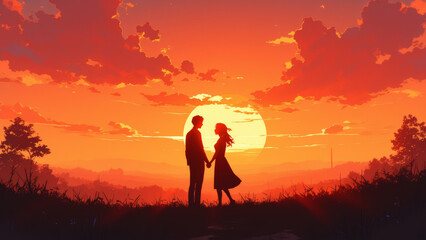 Obraz premium Illustration of a couple silhouette at sunset, symbolizing love and romance.