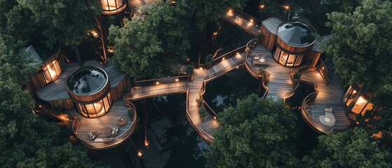Modern treehouses nestled in a lush forest.