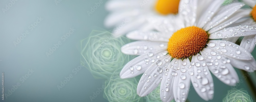 Poster Daisy floral abstract background idea. Close-up of beautiful daisies adorned with dew drops on a soft green background.