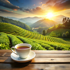 white cup of hot tea on wooden table with tea plan