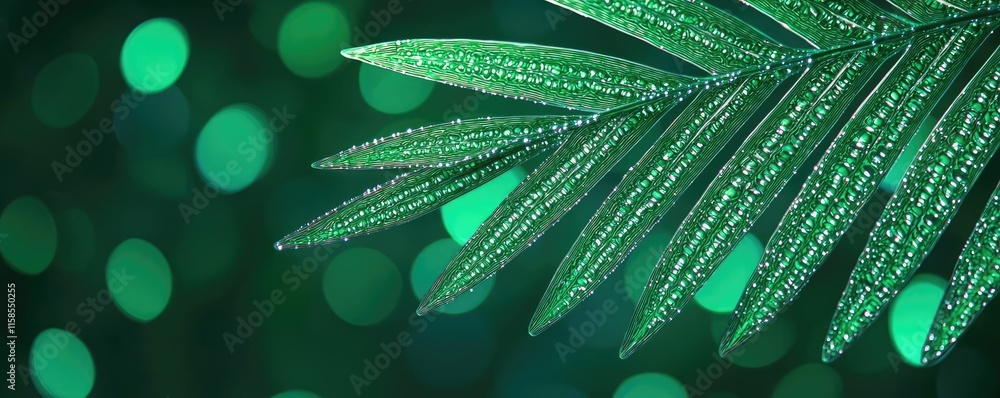 Poster Palm leaves abstract background concept. Close-up of a green leaf with shimmering droplets and a bokeh background.
