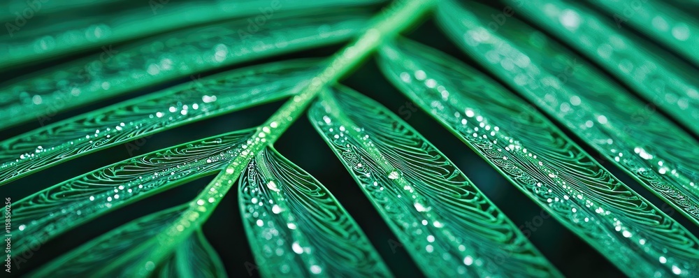 Poster palm leaves abstract background concept. close-up of a vibrant green leaf with dew drops reflecting 