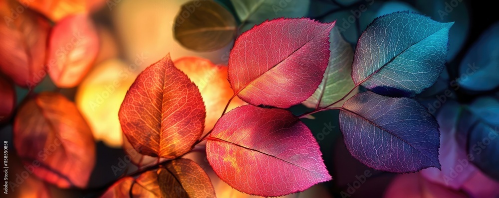 Aufkleber rose leaves abstract background concept. vibrant leaves illuminated by colorful lights, creating a s