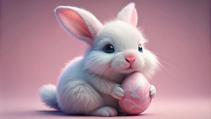 Obraz premium Cute white rabbit holding colorful Easter egg on pastel background, concept of Easter celebration 