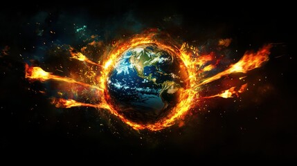 Obraz premium A round Earth icon surrounded by shooting flames, symbolizing record temperatures and fires caused by global warming, dramatic lighting, vibrant colors, intense atmosphere 