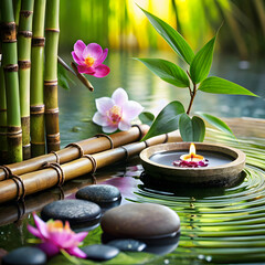 Zen garden with stones bamboo flowers and water