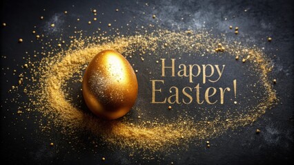 Fototapeta premium A Glittering Golden Easter Egg Surrounded by a Glittering Splash of Tiny Gold Particles on black background. Easter holiday concept