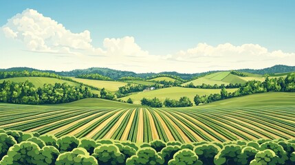Naklejka premium Lush Green Agricultural Landscape with Sequence of Rows and Rolling Hills under a Clear Blue Sky and Soft White Clouds