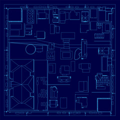 Blue drawing of a city with buildings and street lights. The drawing is in blue and is very detailed. Top view