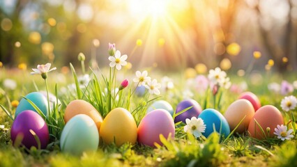 Fototapeta premium Multi-colored Easter Eggs hidden in wildflowers field with sunlight festive spring celebration concept