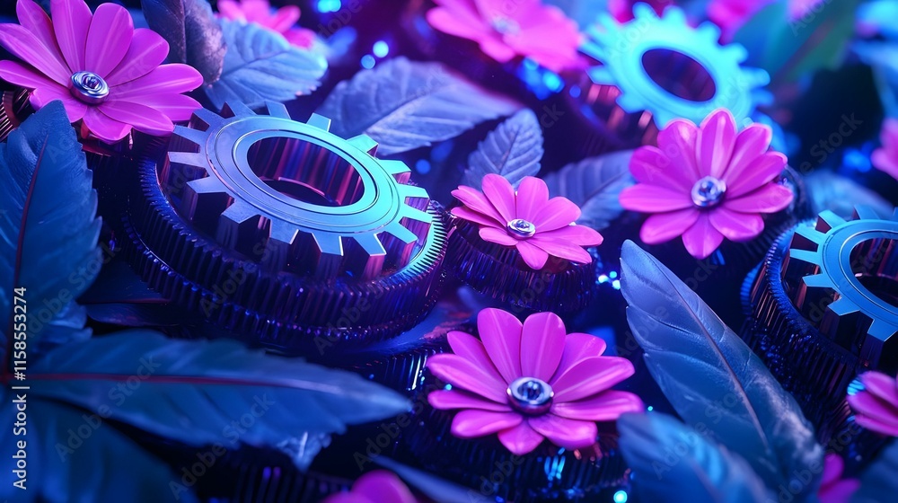 Poster interlocking mechanisms, an intricate display of gears seamlessly transitioning, symbolizing innovat