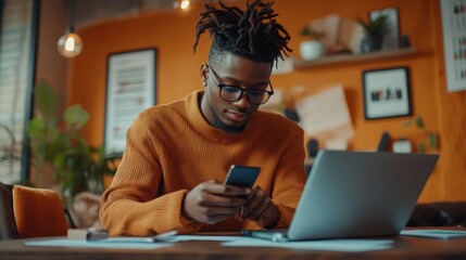 The Man Using Laptop Smartphone