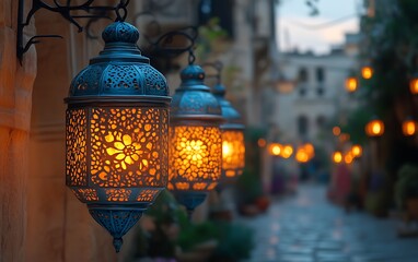 Illuminated lanterns hanging on a narrow street at dusk.