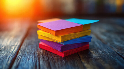 Colorful Sticky Notes Arrangement, Bright Hues (Pink, Purple, Blue, Green, Orange, Yellow) on Blurred Surface, for Workflow Management or Creative Thinking