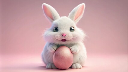 Obraz premium Cute white rabbit holding colorful easter egg on pastel background, concept of Easter celebration 