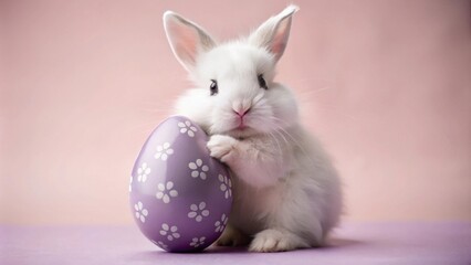 Fototapeta premium Cute white rabbit holding colorful easter egg on pastel background, concept of Easter celebration 