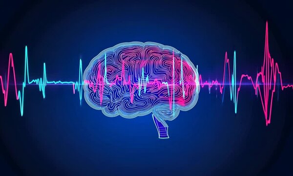 Abstract Brainwave Visualization: Neon Brain with EKG-like Waveform