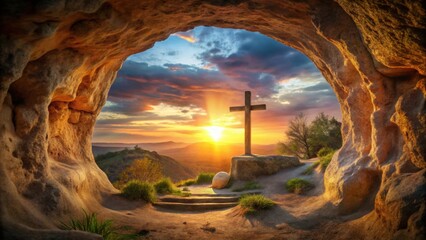 Opening view from cave on Serene wooden Cross on rock at sunset, concept of faith, hope, spirituality, Easter concept