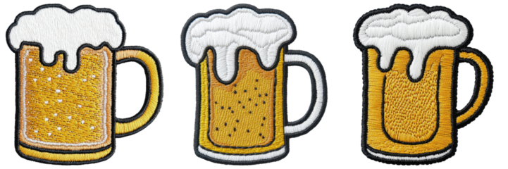 Three illustrated beer mugs with frothy tops, showcasing different styles and designs.