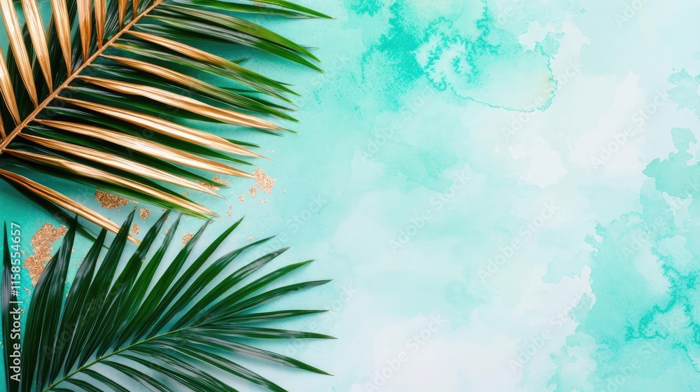 Poster palm leaves abstract background concept. vibrant green palm leaves on a light teal background create