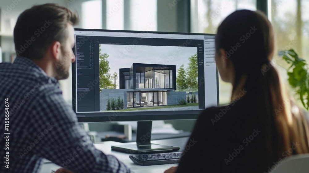 Aufkleber two individuals are focused on a computer screen displaying a modern real estate design.
