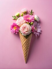 Waffle cone with pink and white spring flowers against soft pink background. Creative spring summer floral background